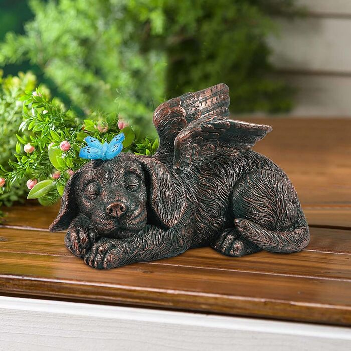 Yeomoo Dog Angel Solar Garden Decorations for Outdoors with Butterfly - Weatherproof Animal Statue Balcony Decor, Sleeping Puppy Solar-Powered Figure Grave Ornament Tombstone, Gifts for Women Mom Copper