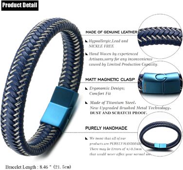 Чоловічий браслет Halukakah Jazz ручної роботи з натуральної шкіри чорного та коричневого кольорів, з магнітною застібкою з нержавіючої сталі (чорний/сріблястий), з металевим дротом, подарункова коробка в подарунок, регульований розмір 21.5-23 см (Segel B