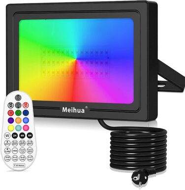MEIHUA 60W RGB Spotlight with Remote Control, IP66 Waterproof, LED Floodlight, Color Changing, Dimmable, 10 Colors, 12 Modes with Timer, RGB Projector, Colorful for Garden, Disco, Tree, Landscape, Mood Lighting