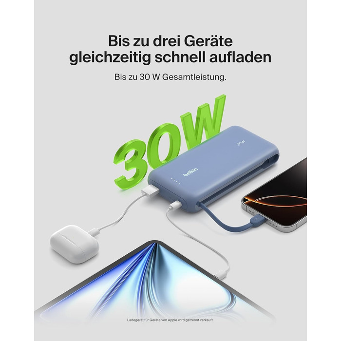 Зовнішній акумулятор Belkin BoostCharge 20K PD 30W з вбудованим кабелем USB-C, Power Bank для iPhone 16, iPad Pro, Samsung Galaxy S25, синій