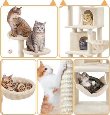 Кігтеточка Yaheetech XXL для котів, 175 см, для 3-4 котів, з платформами, гамаком, м'ячиком, бежева