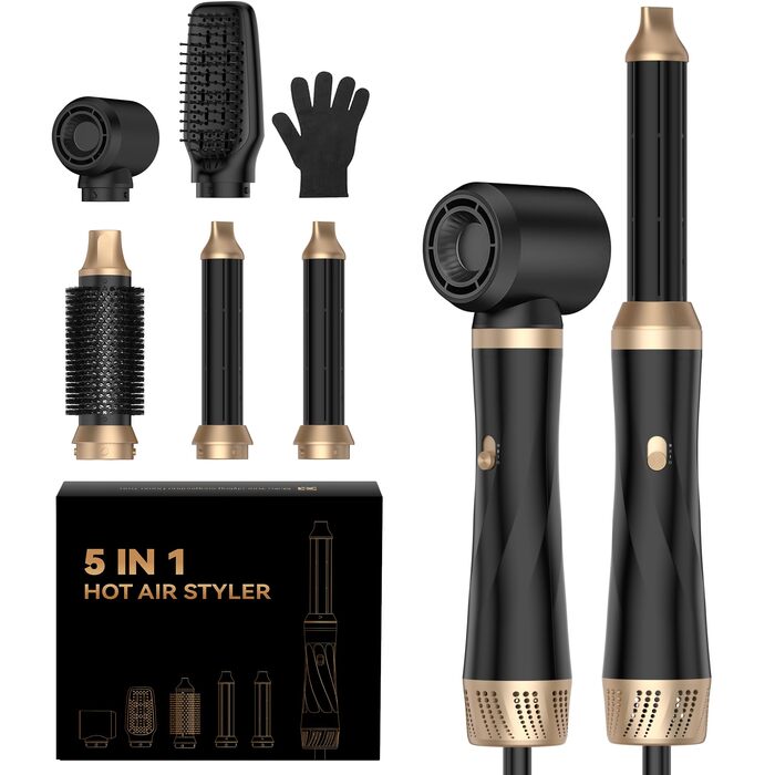 Airstyler 5 в 1: Фен-щітка, плойка, круглі щітки, випрямляч. 1000W, 3 температурні режими. Для об'єму, випрямлення, локонів та сушіння волосся. Чорний/Рожевий