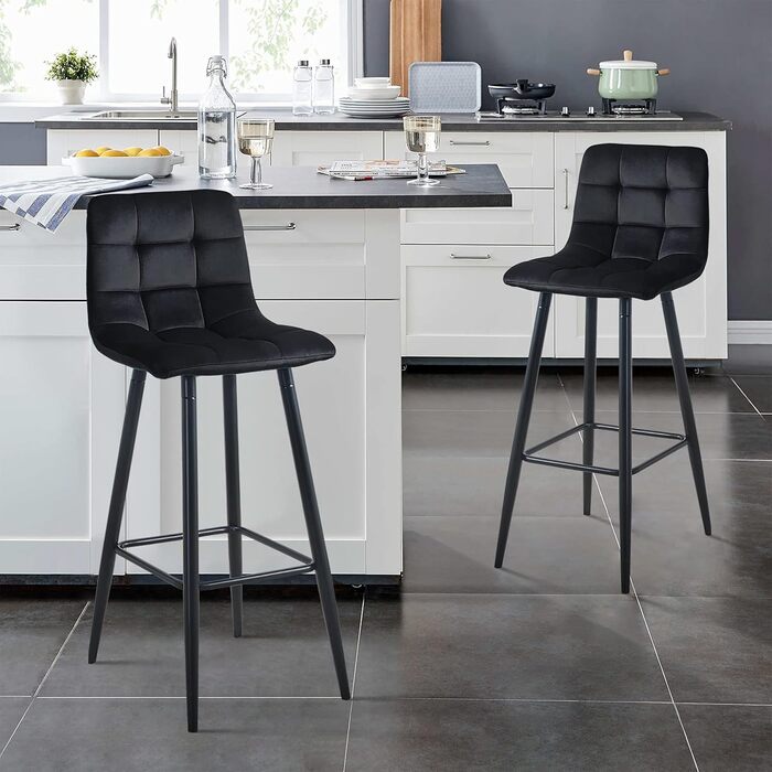 Velvet Bar Stools Set of 2 with Backrest - 66cm Seat Height - Black Kitchen Bar Stools for Countertops