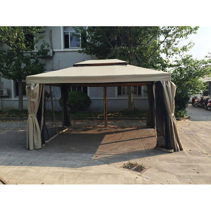 Садова альтанка-павільйон з 4 стінками, бежевий ПВХ, 4x3 м
