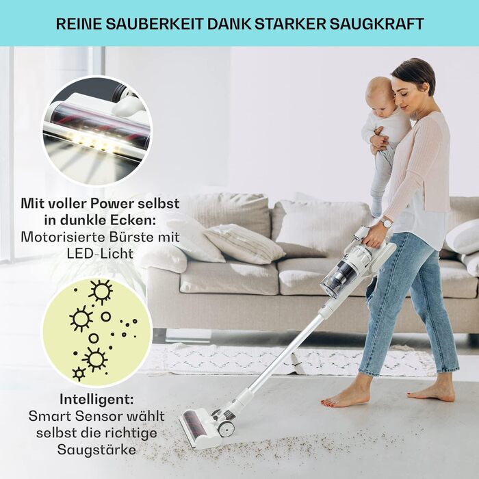 Бездротовий акумуляторний пилосос Klarstein без мішка з 4-ступеневим фільтром E12 EPA для шерсті тварин, килима та твердих підлог, ручний без мішка з насадкою для підлоги 180°