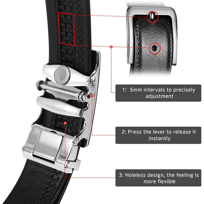 Чоловічий шкіряний ремінь WERFORU з автоматичною пряжкою, регульований, 3.5 см, для костюма та джинсів, E-чорний, 145 см (обхват талії 105-125 см)