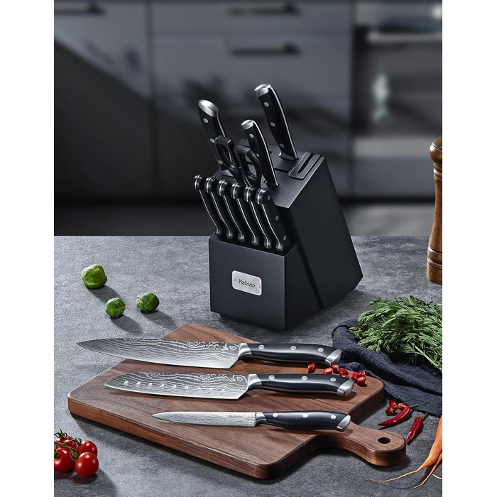 Yabano 14-Piece Professional Knife Set with Sharpening Block - Stainless Steel Chef Knives with Plastic Handles & Wood Block