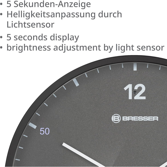 Bresser MyTime Radio-Controlled Wall Clock with Silent Movement, 24 cm Dial, LED Second Display, Indoor Temperature and Silent Radio Clock Movement, Grey