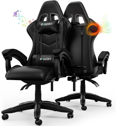 Геймерське крісло Racingreat LED RGB з підсвіткою, підголівником та підтримкою попереку, регульоване, для дітей та дорослих (чорне, з динаміками)