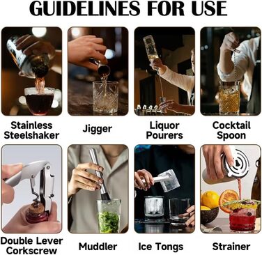 Набір бармена OBALY Barkeeper Kit: шейкер, мадлер, аксесуари для коктейлів (25oz) з бамбуковою підставкою. З рецептами коктейлів. Сріблястий колір