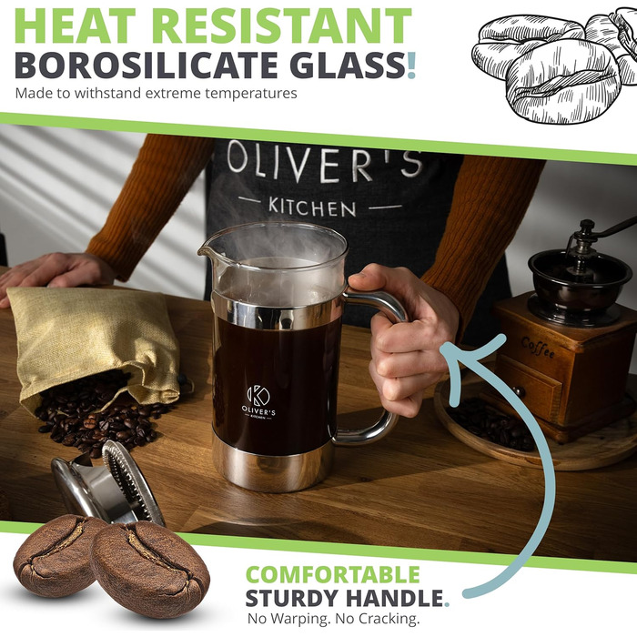 Френч-прес Oliver's Kitchen® 1 літр - скляний заварник для кави, срібний | Елегантний дизайн, для автентичного смаку