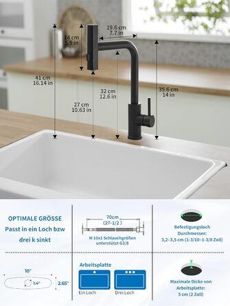 Чорний кухонний змішувач водопровідний з висувною лійкою та душем, 360° обертання, одноlever, матовий чорний