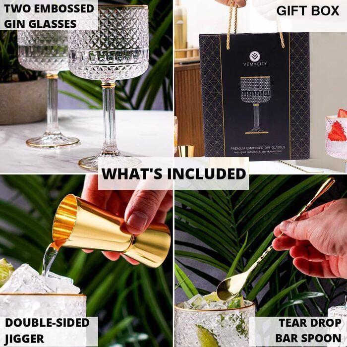 Набір келихів для джину Vemacity Luxuriöses Gin Gläser 2er Set: 2 келихи з золотими деталями (450 мл), ложка, мірний стакан, E-book з рецептами. Чудовий подарунковий набір.