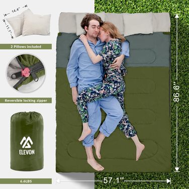 Спальний мішок Elevon для дорослих, підлітків та дітей, 3-4 сезони, водонепроникний, легкий, компактний, для кемпінгу, рюкзака, зеленого кольору (2 особи, 1 шт.)