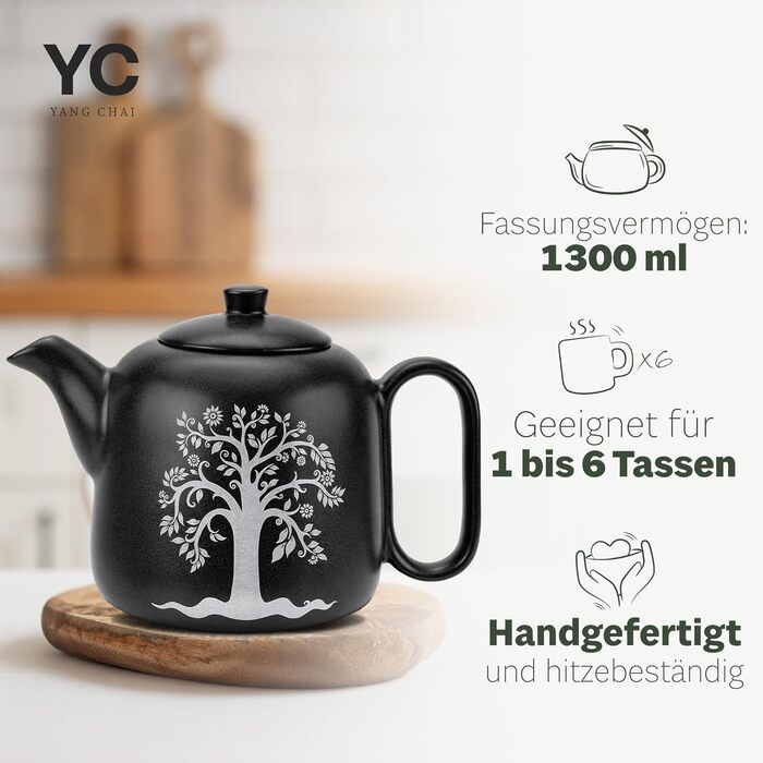 Чайник YC Yang Tree 1.3л з підставкою - керамічний, чорний матовий, з ситечком - без витоків, термостійкий, ручної роботи