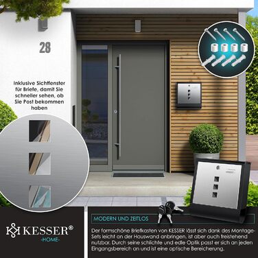 Поштова скринька KESSER® з газетницею та іменним шильдиком, нержавіюча сталь, матова, з оглядовим вікном, 3 ключі, порошкове покриття, настінний монтаж, велика, з матеріалом для монтажу (Чорний / Срібний)