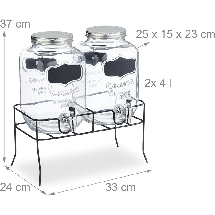 Набір диспенсерів для напоїв Relaxdays (2 шт), 4 л, з краником та кришкою, прозорий скляний диспенсер для води та лимонаду