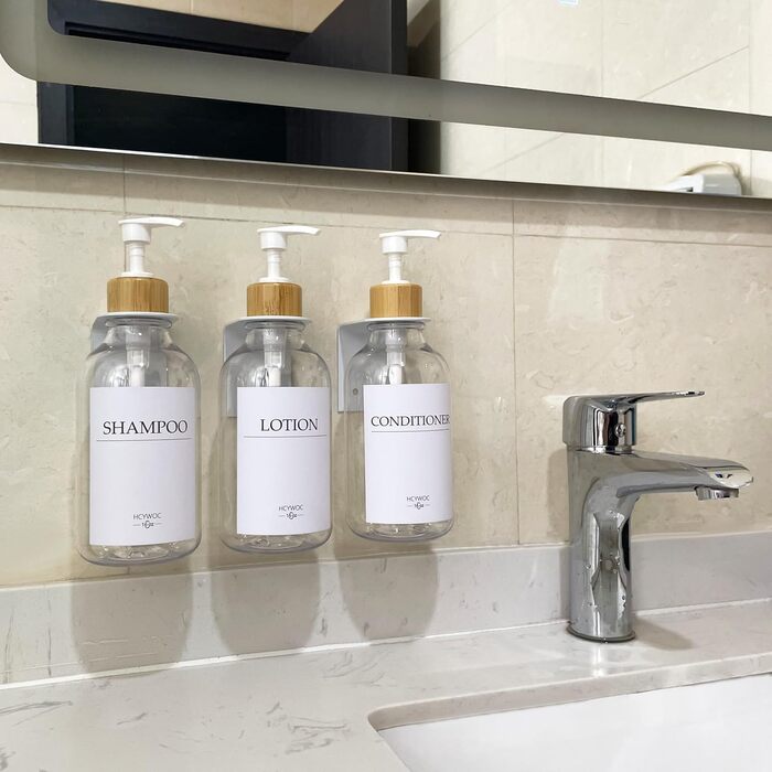Набір дозаторів для мила, шампуню та миючого засобу на стіну, 500 мл, 3 шт., прозорий + бамбук