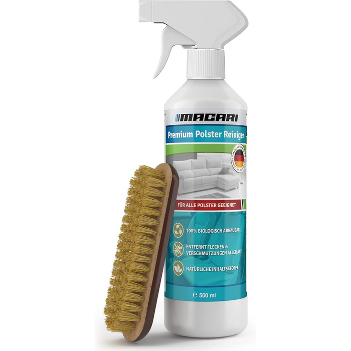 Macari Leather Care 500ml Balsam + 500ml Cleaner + 2 Sponges + Leather Brush Premium Leather Leather Cleaner Set Beeswax for Leather Couch, Car, Furniture, Jacket, Clothing, Sofa, Handbag, Shoes, Saddle Leather Fat (Upholstery Cleaner + Brush)