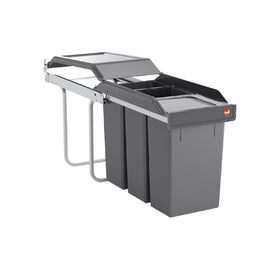 Відро для сміття Hailo Tandem 3650103 | Вбудований контейнер для сміття 2 секції | 50 мішків у комплекті | для шаф шириною від 300 мм | Зручний висувний механізм на роликах | Сріблястий та антрацитовий пластик