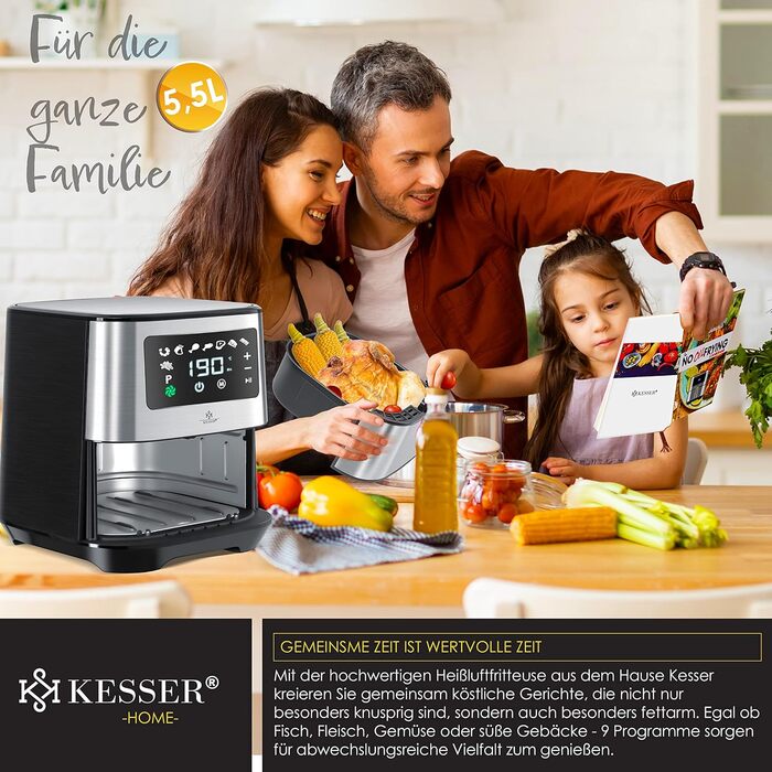 KESSER® XXL 5.5 Liter Hot Air Fryer Stainless Steel | Includes Baking Basket | 1700W Fryer Air Fryer | Touch Display | 8 Programs | Oil-Free | Oven | Hot Air | Grill | Fat-Free Silver