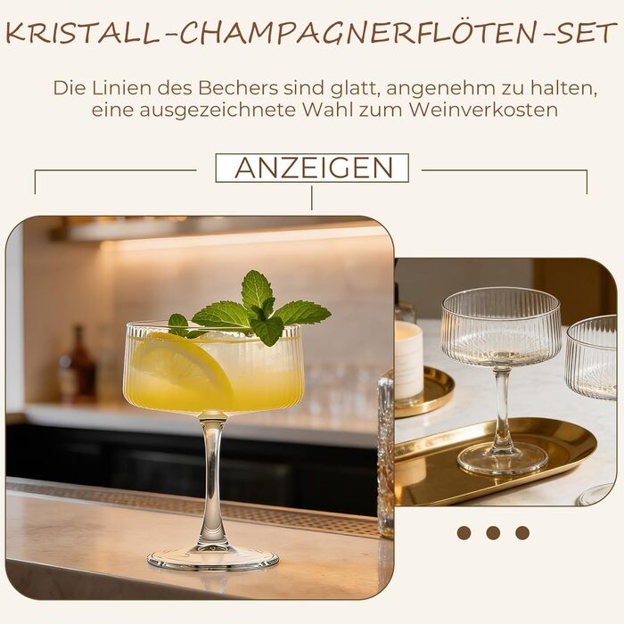 Бокали для Мартіні Crystal Coupe 4 шт, 226.8 г, ручної роботи для коктейлів, шампанського, Маніхетена