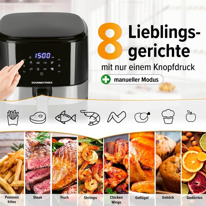 Фритюрниця повітряна GOURMETmaxx XL 6.2 л з цифровим дисплеєм та таймером | 8 програм, 1500 Вт | Без запаху, низький вміст жиру, економія енергії