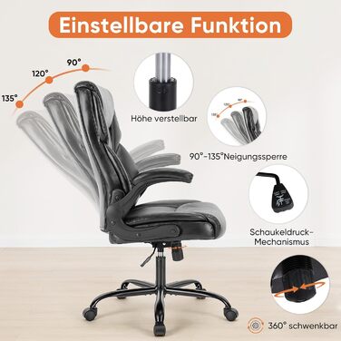 Крісло шеф-кухаря Sweetcrispy з PU шкіри, ергономічне офісне крісло, крісло для комп'ютера з регульованими підлокітниками, геймінгове крісло для роботи та відпочинку (Чорне)