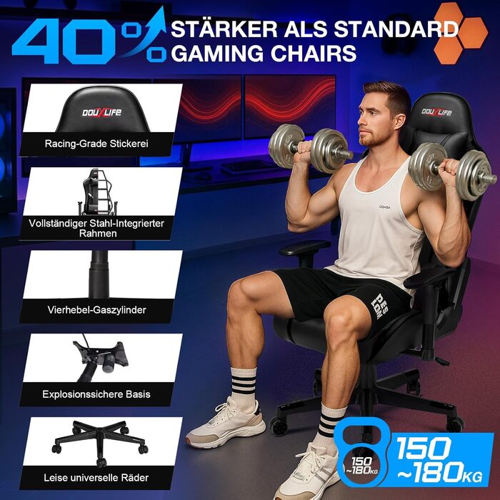 Ігровий крісло Douxlife з 7-точковим масажем, підставкою для ніг, ергономічний офісний крісло, регульована спинка 90-175°, регульовані 2D підлокітники, крісло для ПК Gamer, максимальне навантаження 150-180 кг, глибокий чорний колір