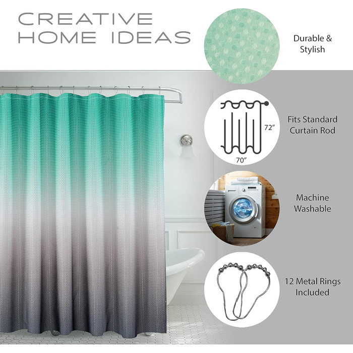 Набір для душу Creative Home Ideas з тканини з текстурою, 12 металевих кілець, сучасний декор для ванної кімнати, машинне прання, 177,8 x 182,9 см, блакитно-сірий