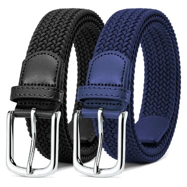 Набір з 2 еластичних тканинних ременів для жінок та чоловіків – регульовані, 3,3 см, довжина 100-120 см (чорний + синій), 100 см