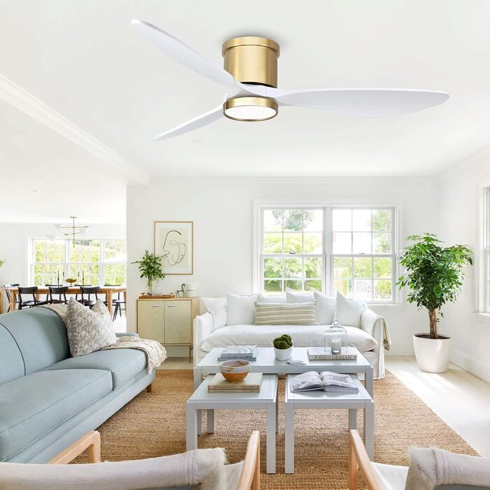 Стеляний вентилятор Ovlaim з підсвічуванням, пультом керування, DC мотор, 3 лопаті, 132 см (натуральний & сріблястий)