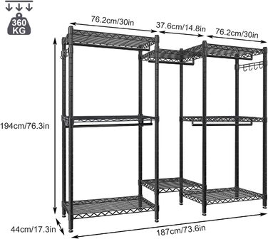 Металева стійка для одягу з гачками, вантажопідйомність до 376 кг, 187 x 44 x 194 см, чорна