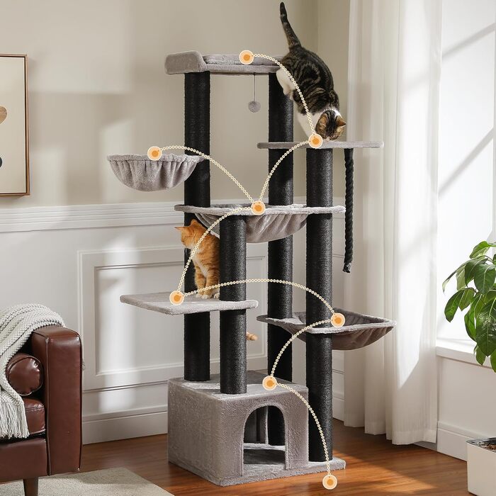 Котячий комплекс PAWZ Road XXL: стійка, з гамаком, 13 стовпчиків сизалю, печери, кошиків, 170 см, чорний