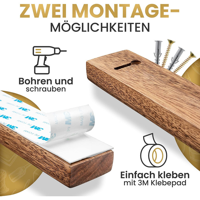 Magnetic Knife Strip, Wood, Self-Adhesive, No Drilling Required - XL Knife Strip for up to 10 Knives - 43x6.2cm - [ROCK SOLID] - Magnetic Knife Block made of Walnut Wood for the Kitchen - Magnetic Knife Holder