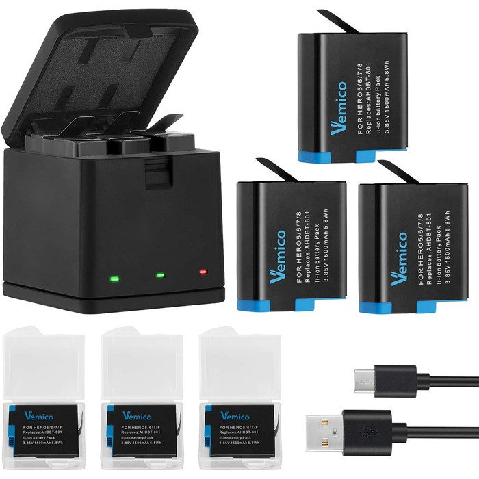 Зарядний комплект Vemico Hero 8: 3 акумулятори 1500 mAh, 3-канальна зарядна станція з Type-C USB, захисний ковпачок, сумісний з Hero 8/7/6/5/AHDBT-801