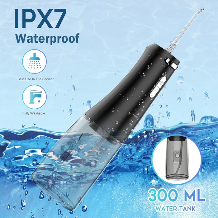 Іригатор для порожнини рота Wasser Dental з 4 режимами, 300 мл, для чищення зубів та міжзубних проміжків, портативний, IPX7, чорний