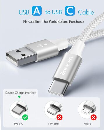Кабель USB-A на USB-C, білий, 2 шт., 1 м, швидка зарядка 3.1A для iPhone 15/16/17 Pro Max, Samsung Galaxy S24/S23/S22/S21, A55/A54/A35/A25/A16