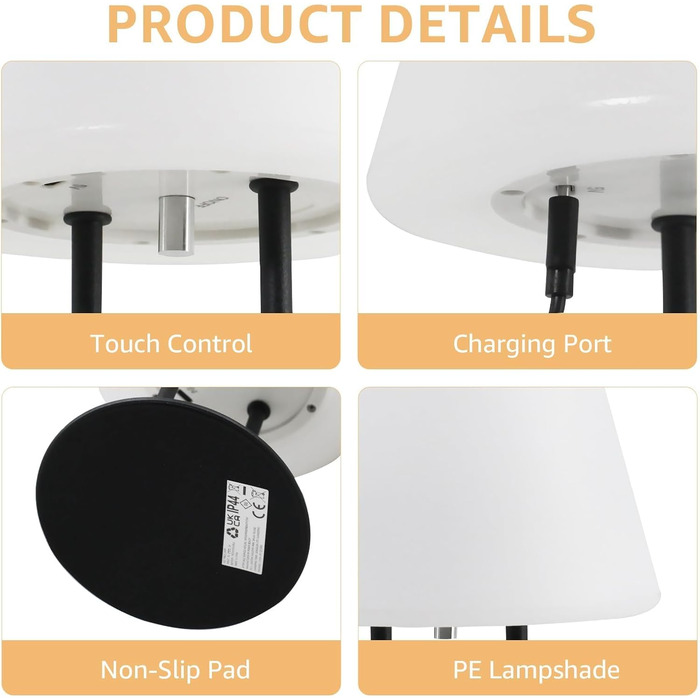 MALUX Акумуляторна настільна лампа LED, водонепроникна IP44, портативна, з димуванням та USB-C зарядкою (Конус)