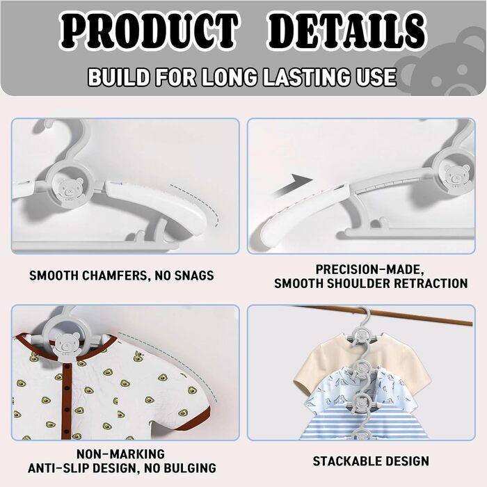 Вішалки для дитячого одягу HGYZE, 20 шт., 29-37 см, з підвішуванням для штанів, пластикові, стакові, регульовані, сірі та білі