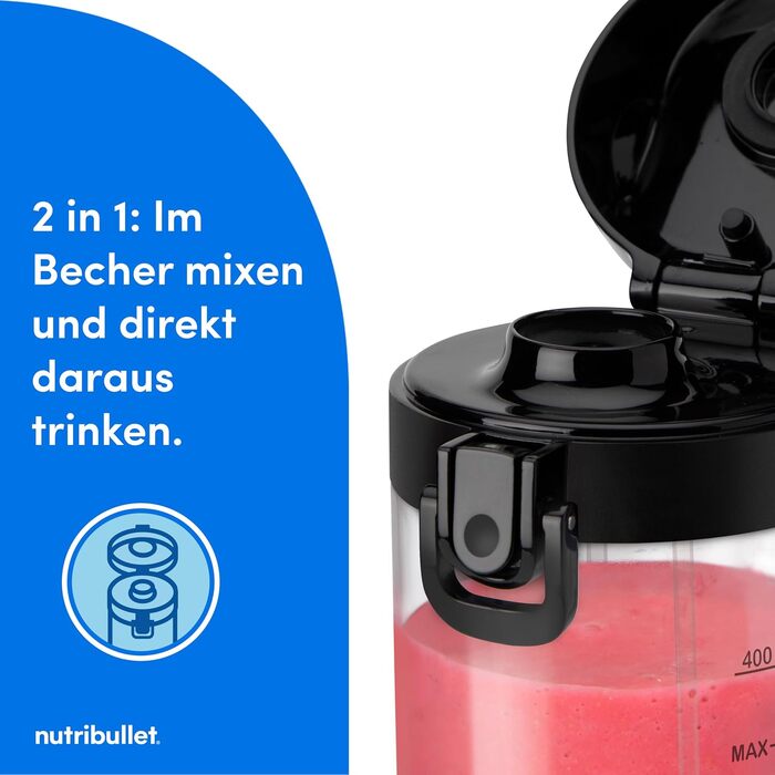 Портативний блендер Nutribullet Portable Smoothie Maker, бездротовий міні-міксер для смузі та коктейлів, 475 мл, BPA-free, чорний, NBP003B