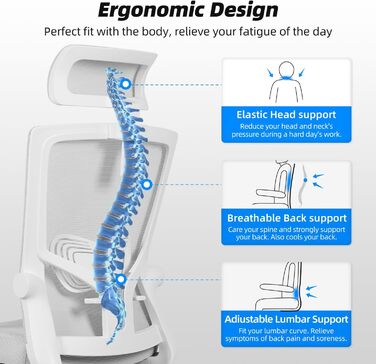 Ергономічне крісло Daccormax для офісу з регульованою підголівником, підлокітниками та підтримкою попереку. Офісне крісло, поворотне, з функцією гойдання, mesh-сидіння, для спини, до 150 кг (сірий)