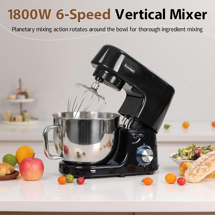 Кухонна машина-міксер 1800W з чашею 7.2L з нержавіючої сталі, 6 швидкостей, низький шум, мультифункціональна (міксер, гак для тіста, вінчик), з кришкою, чорний