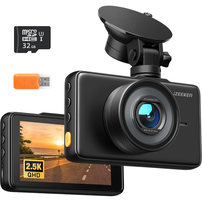 iZEEKER Dashcam 2.5K: відеореєстратор з дисплеєм 3' та 32GB карткою пам'яті, нічне бачення, WDR, 170° кут огляду, G-сенсор, паркувальний режим, Type-C