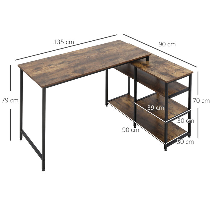 HOMCOM L-Shaped Corner Desk, PC Table with Shelf and Drawer, 135x90x79cm, Rustic Brown, Particleboard & Metal, for Office & Home Office