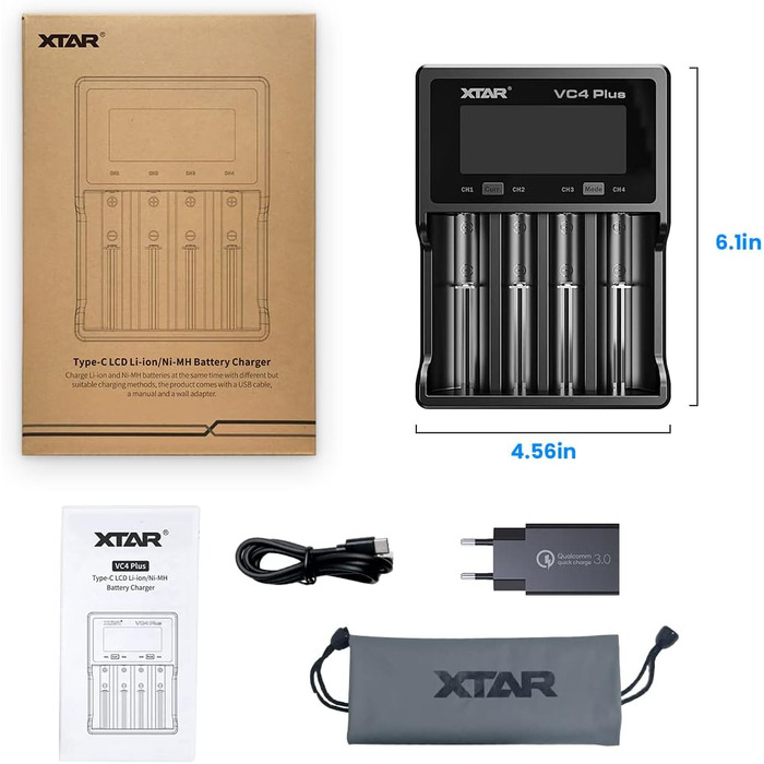 Зарядний пристрій XTAR VC4 Plus для Li-ion акумуляторів 18650/18700/26650/32650 та Ni-MH/Ni-Cd AAA/AA (4 слоти, 3A)