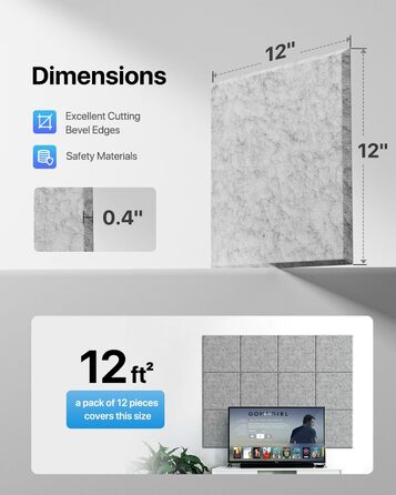 Самоклеючі квадратні акустичні панелі для звукоізоляції стін, шумопоглинаючі плити високої щільності, 30x30x0.9 см, 12 шт, сріблясто-сірі