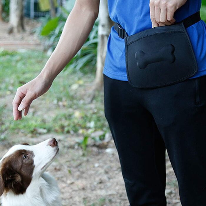 Сумка для корму для собак, сумка для тренувань, кишенька для ласощів з дозатором відходів, магнітна застібка, регульований плечовий ремінь, ідеально підходить для дресирування собак та коней, чорного кольору