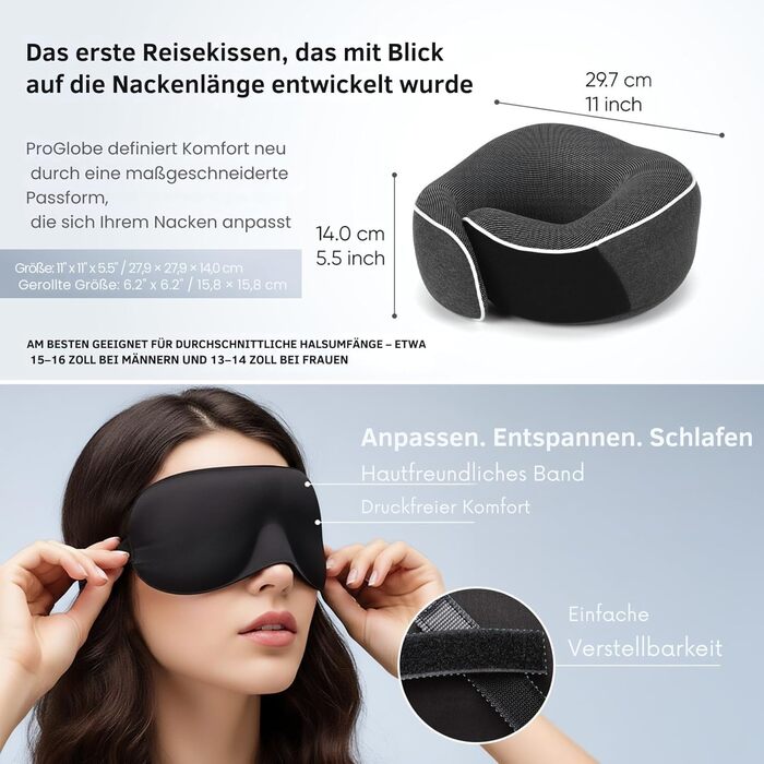 Подушка для шиї Proglobe, 100% Memory Foam, ортопедична, для подорожей (літак, авто, поїзд), з 3D-маскою для сну, сітчаста сумка (темно-сіра)