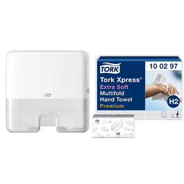 Tork Xpress Dispenser for Multifold Towels White H2, Single Towel Dispensing, Elevation Design, 552100 (White, Mini, Bundle with Paper Towels)